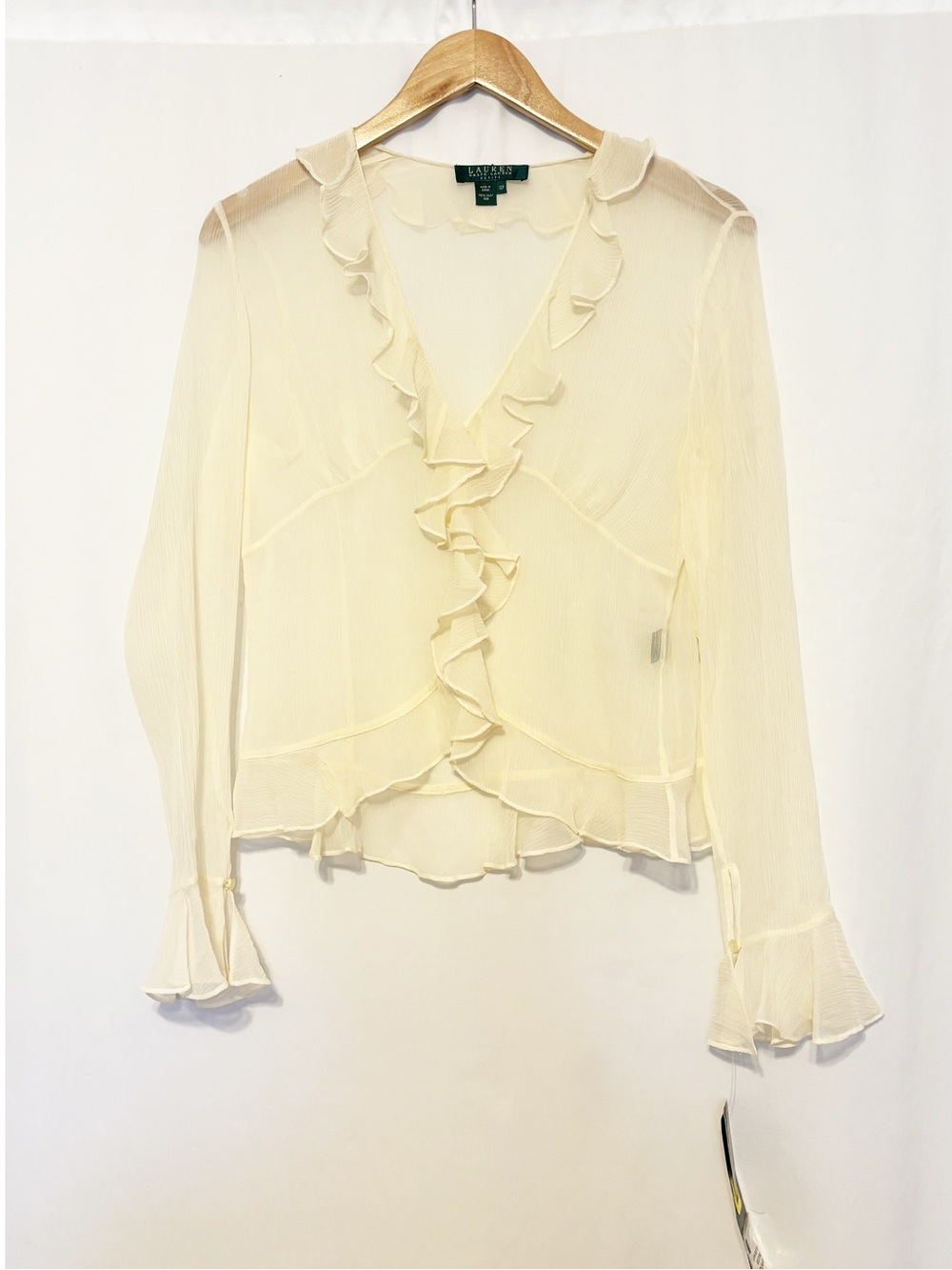 Lauren Ralph Lauren NWT Cream Sheer Ruffle Button Front Blouse 10P
